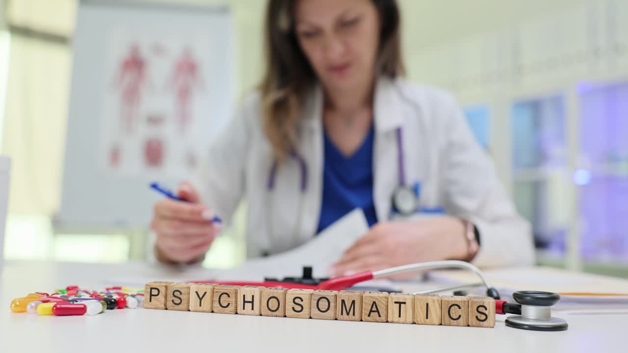 Psychosomatics concept with doctor and pills