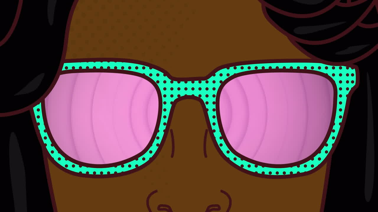 animación del rostro de la mujer con gafas rosadas de época sobre rayas