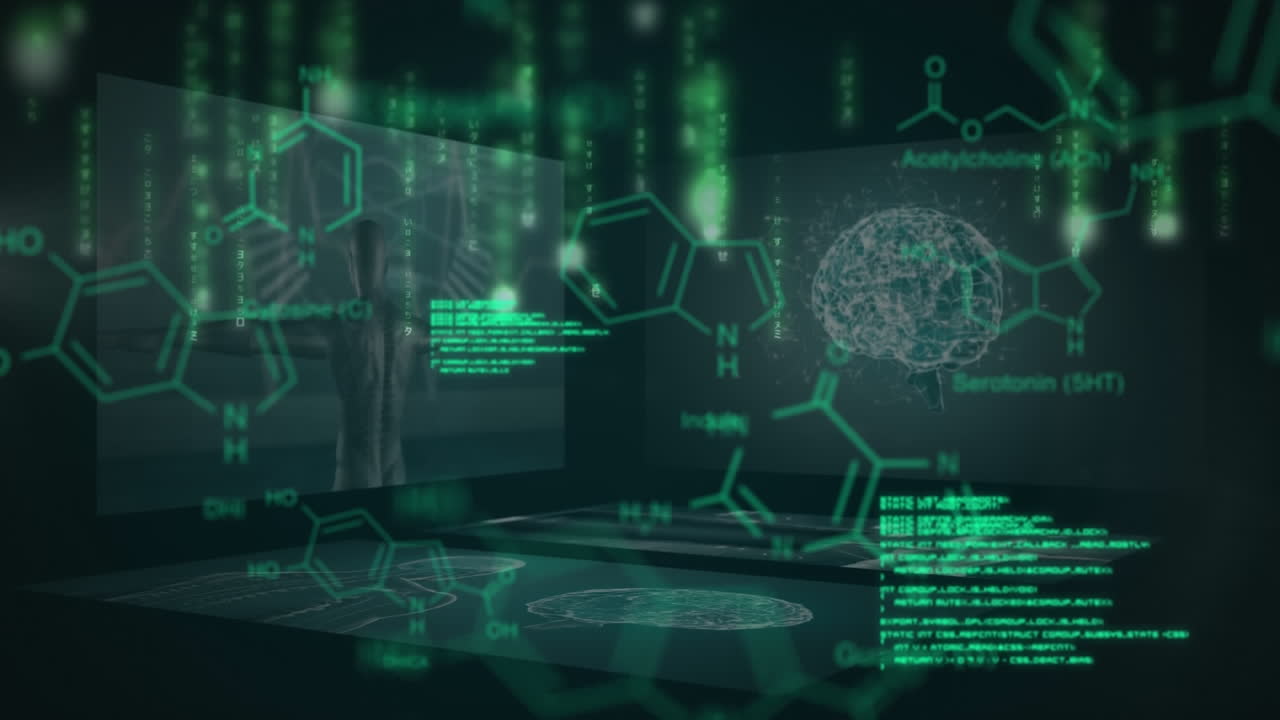 animación del lenguaje informático, las estructuras moleculares, el cuerpo humano y el cerebro sobre un fondo negro