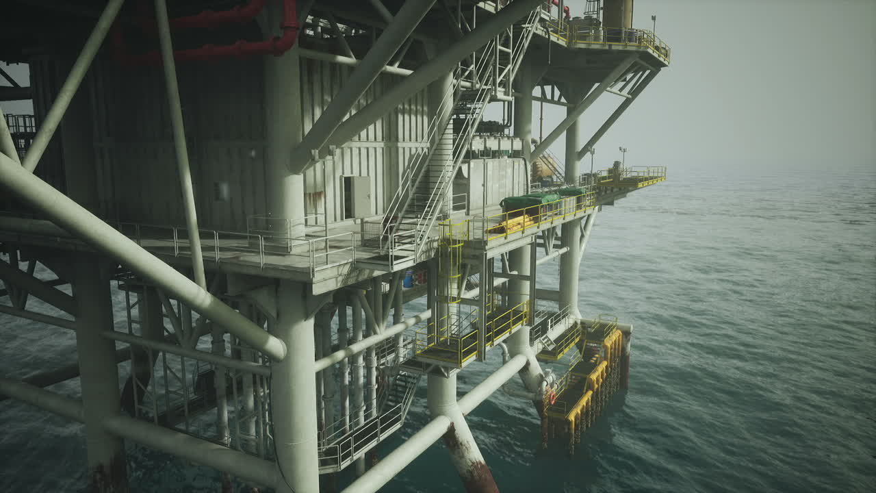 Abandoned oil platform in the ocean showcasing structural decay and isolation