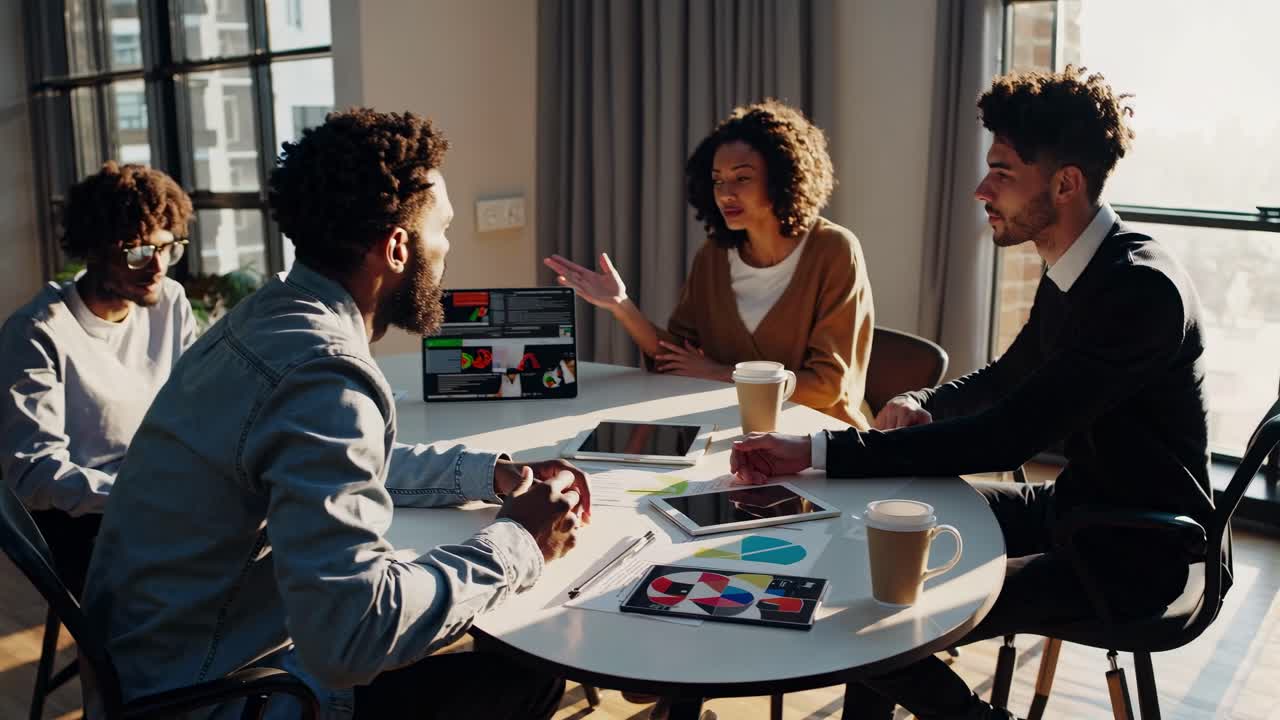 Casual meeting video with a diverse team in a sunlit room, captured from a side angle