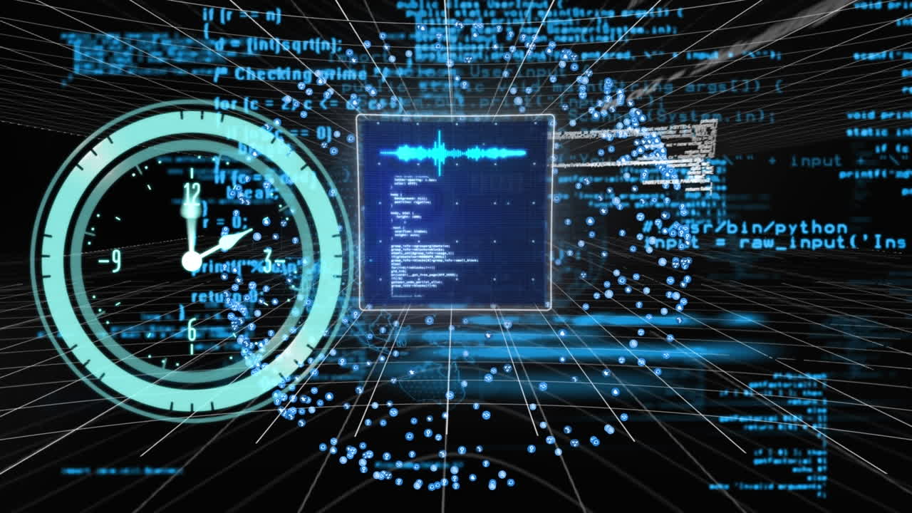 Animation of neon ticking clock over and data processing against black background