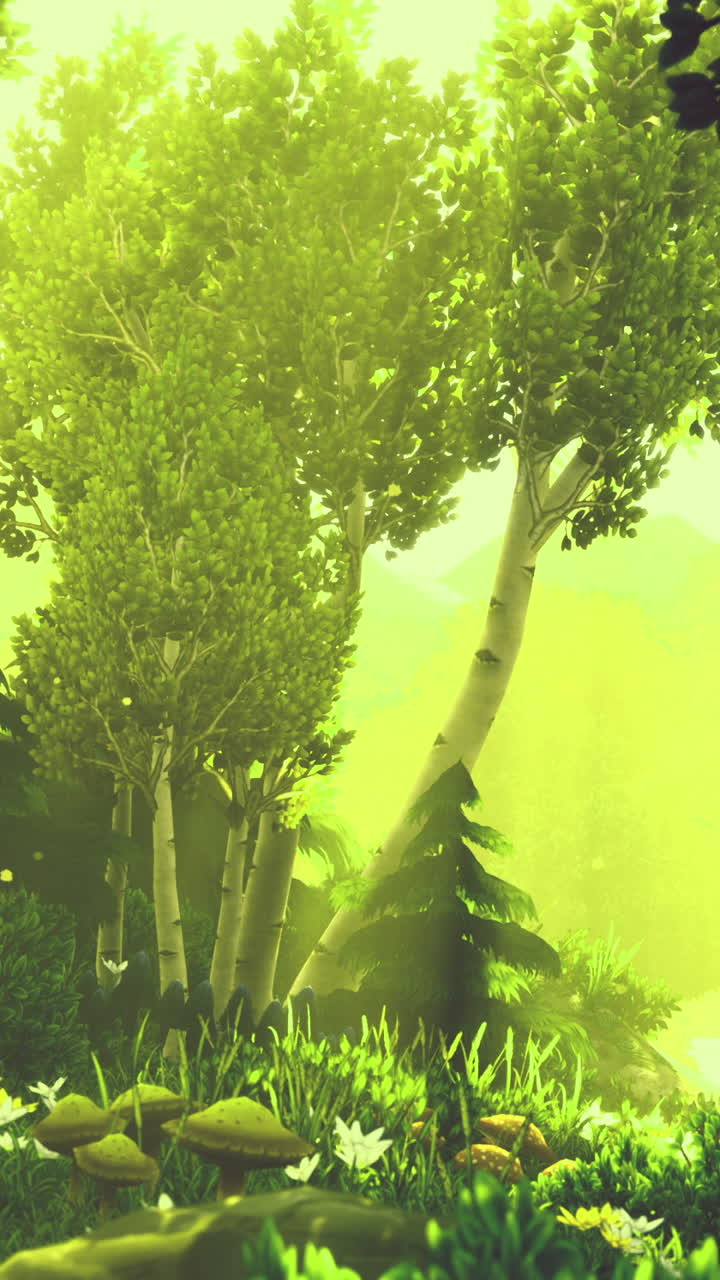 Bright sunlight filtering through lush green trees in a serene forest setting