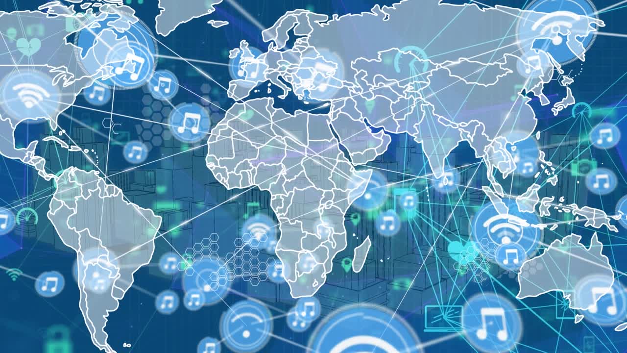 Animation of moving computer network and music icons over graphical map and hexagonal shapes