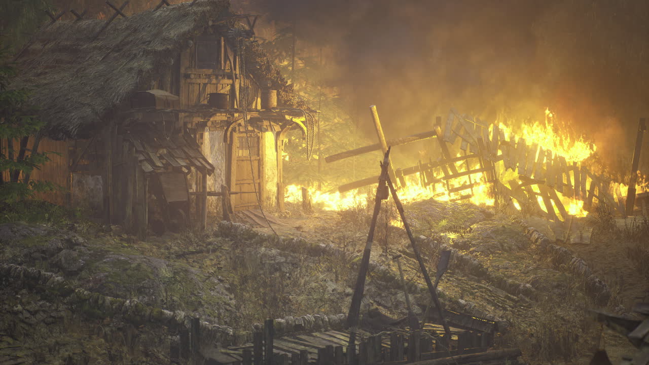 Destruction unfolds as flames consume a rustic cabin in the forest
