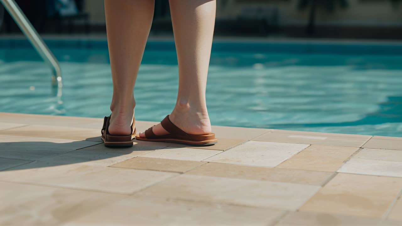 Shifting woman nudging brown sandals on tiled pool deck wearing shorts preparing to enter pool