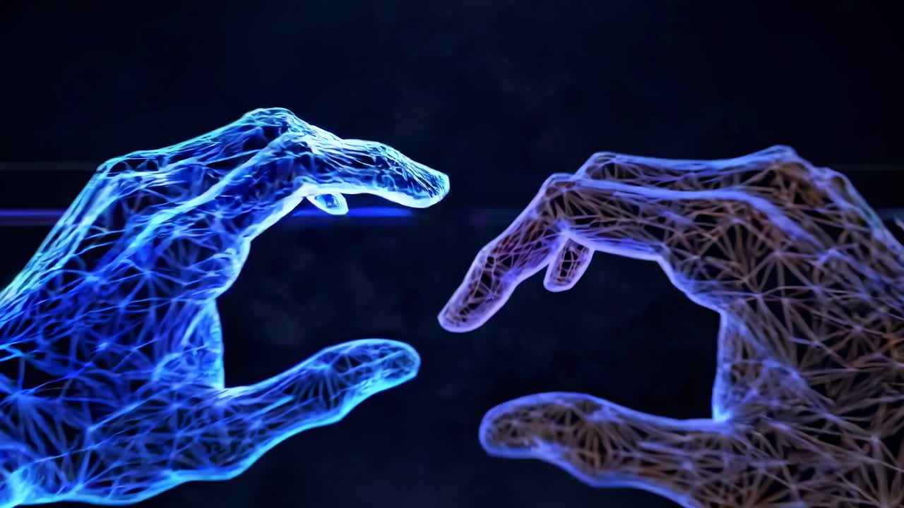 Digital art of two hands in neon wireframe, one blue, one orange, touching in a fist bump