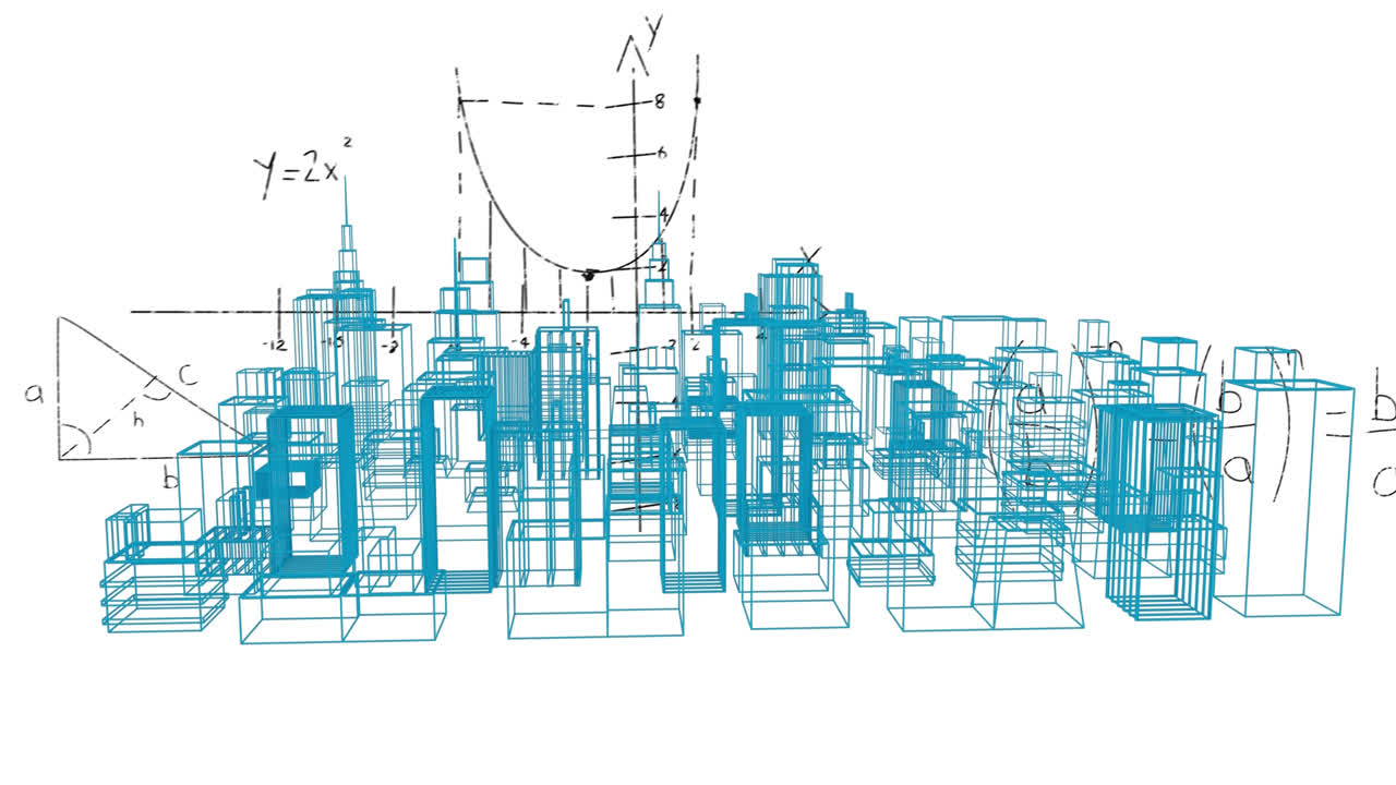 animación de un plano de edificios de arquitectura girando y fórmulas matemáticas flotando por encima