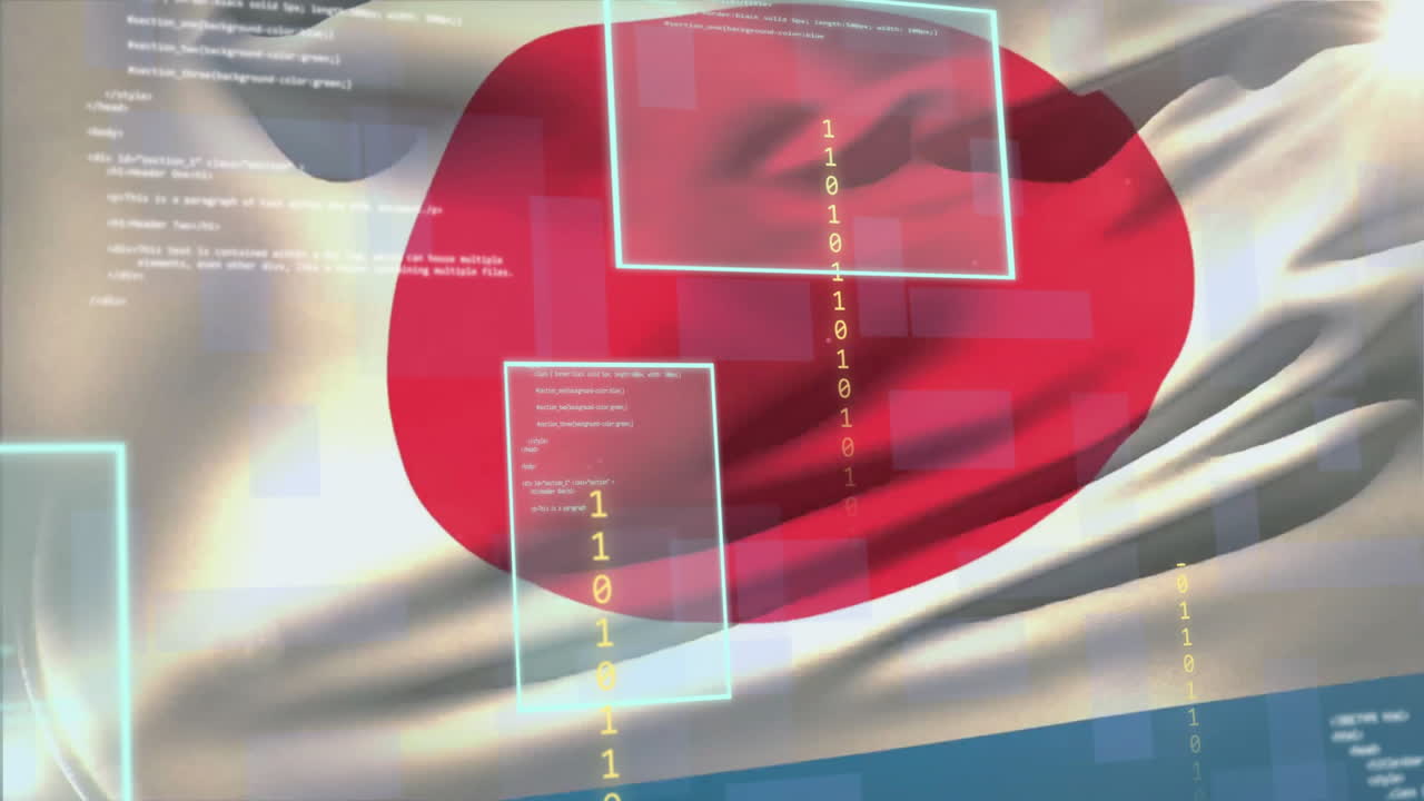 animación de la bandera de japón a través del procesamiento de datos digitales en pantallas