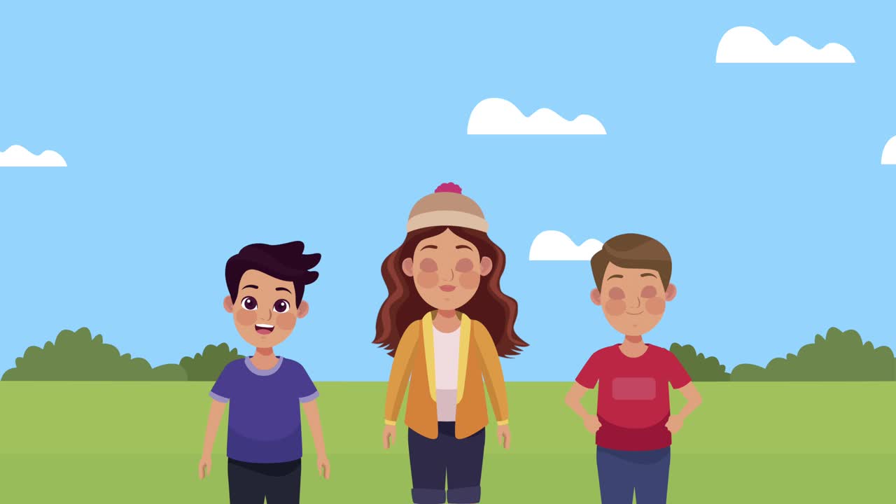 캠프에서 소년들과 함께 있는 어린 소녀