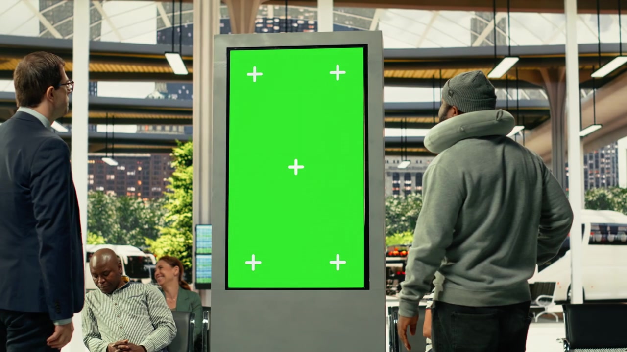 Schermo chroma key in un affollato hub di transito urbano con passeggeri diversi