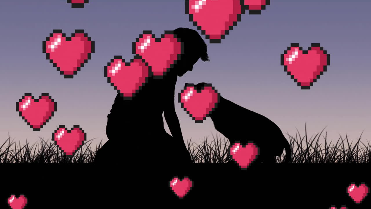 Animation of heats floating over silhouette of man and dog in field