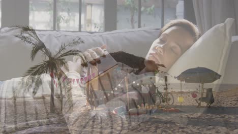 animación del bar de la playa y la orilla del mar sobre una mujer durmiendo con un libro en el sofá en casa