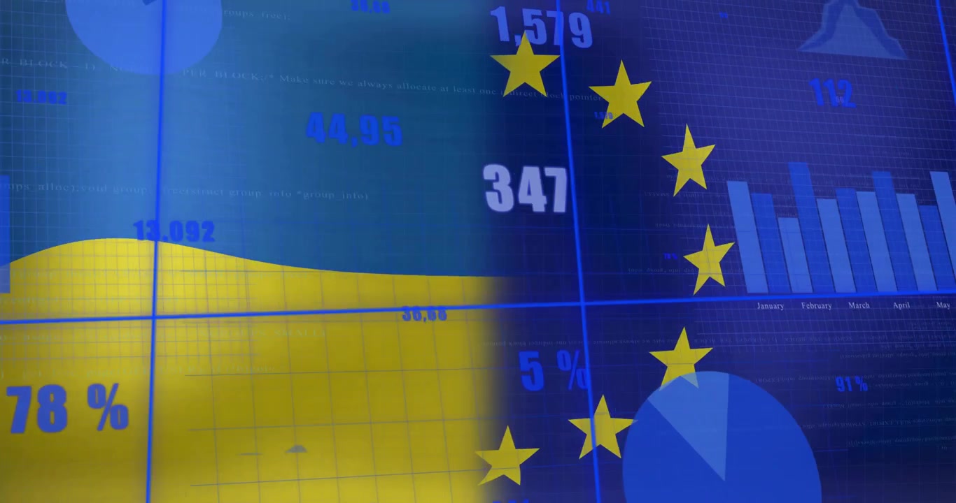 Design piatto che mostra un grafico ad area, un grafico a barre e un grafico a torta con stelle dell'UE su sfondo trasparente.