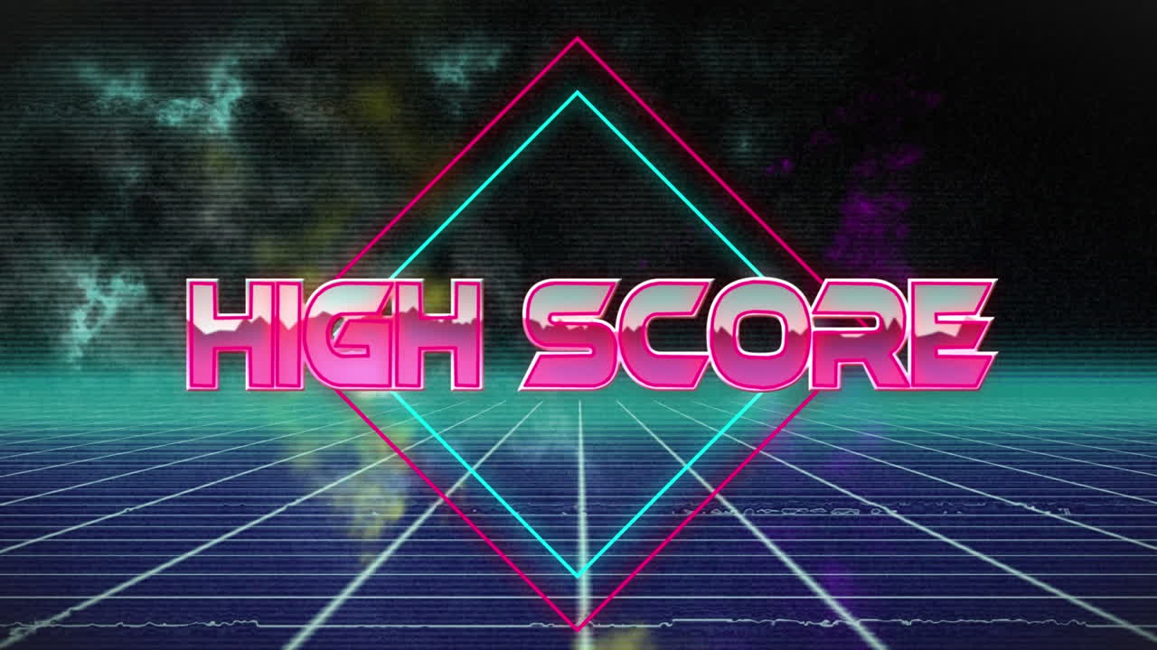 Animation af teksten 'high score' i digitalt abstrakt rum
