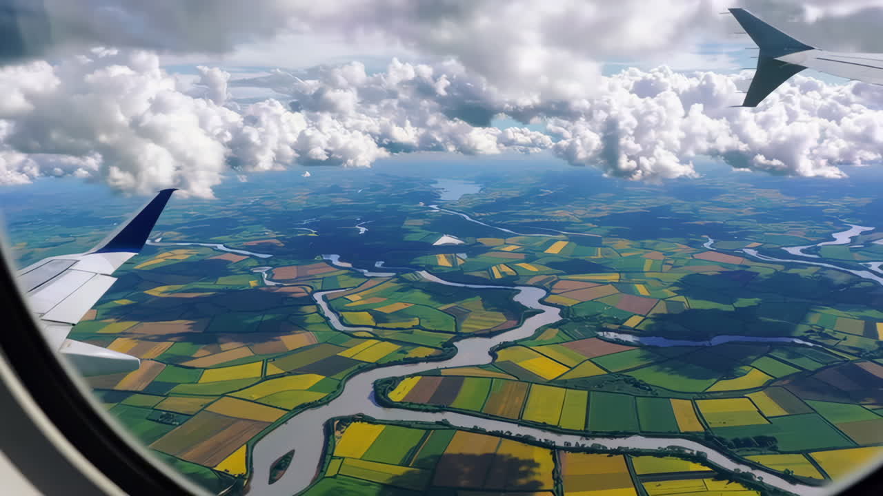 Aerial View of Winding River and Fields from Airplane Window