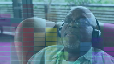 animación del medidor de audio eq sobre un hombre afroamericano de alto nivel relajándose en casa con auriculares puestos
