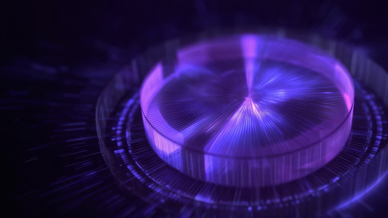 Abstract animation showing a glowing purple and blue futuristic circular interface rotating slowly. Futuristic technology concept with a sophisticated and high tech visual representation
