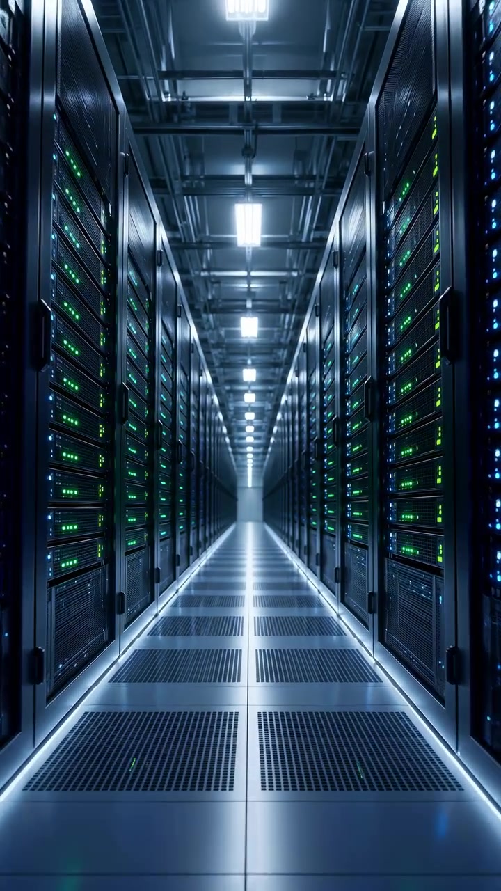 Una vista centrata guarda lungo un lungo corridoio di server mentre gli indicatori luminosi dei rack cambiano dal blu al verde, incorniciati da armadi scuri, luci a soffitto e bocchette metalliche a pavimento