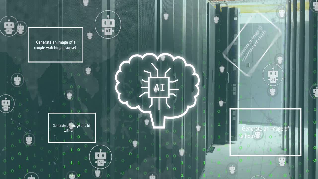 Animation of ai data processing and icons over computer servers