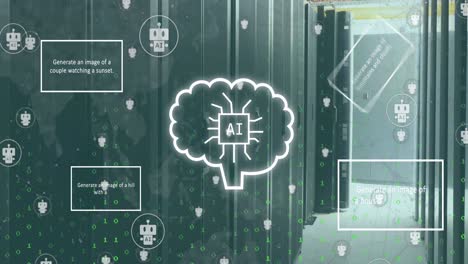 animation of ai data processing and icons over computer servers