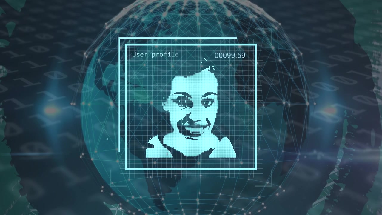 Digital animation showcases global tech and networking via a spinning globe and data visuals.