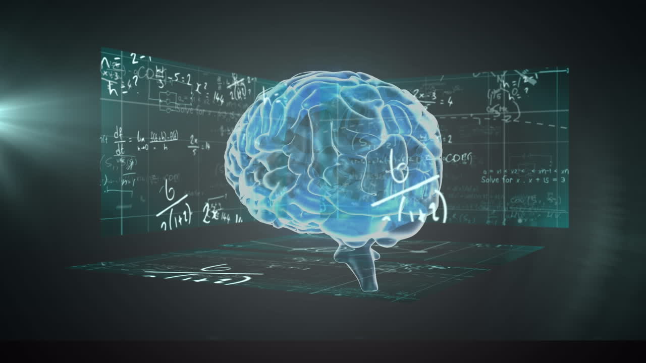 Human brain spinning against screens with mathematical equations against green background