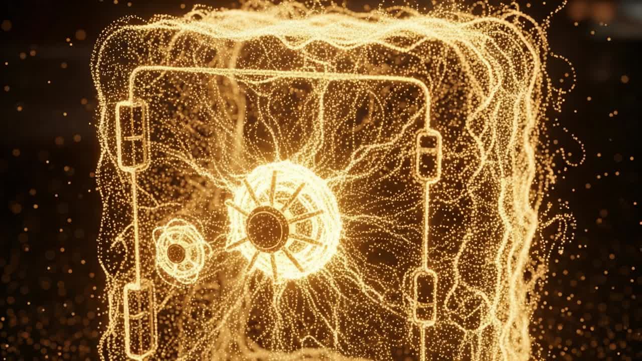 A Glowing Safe Surrounded by Energy Particles, Representing Security and Protection in a Digital Realm of Light and Motion