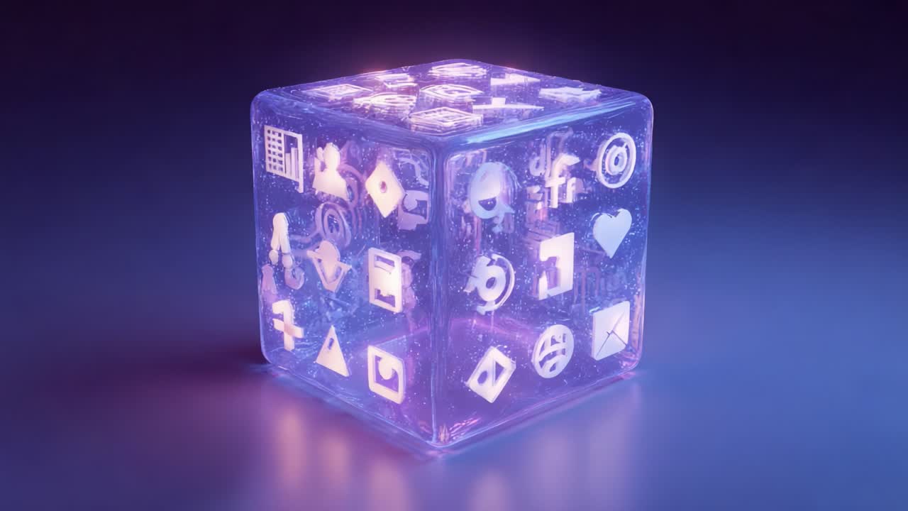 A Captivating Glowing 3D Cube Adorned with Various Electronic Icons Enveloped in a Semi-Transparent Surface, Creating an Ethereal Aesthetic of Technology and Communication Symbols Shining Brightly