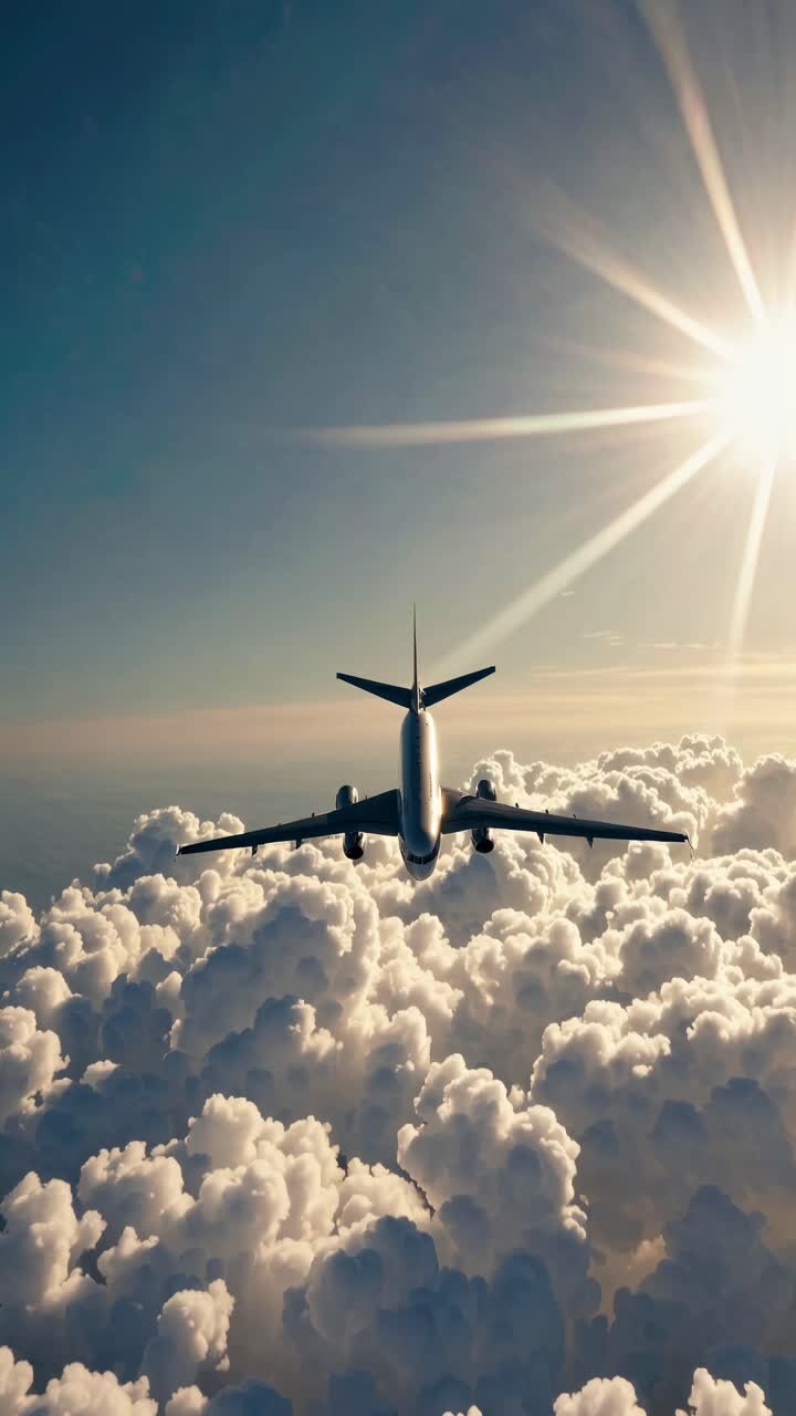 Vue aérienne d'un avion s'élevant au-dessus de nuages duveteux, capturée de dos avec un objectif grand-angle