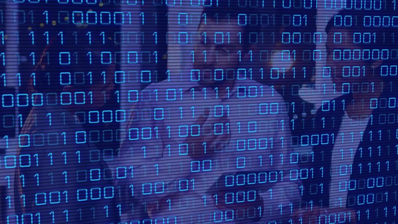 Animation of binary code over diverse female and male coworkers in office