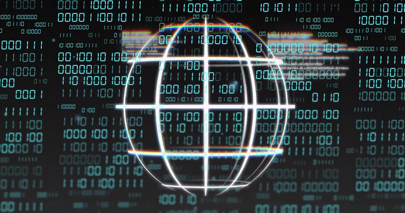 At start white wireframe globe rotating, HUD blocks drifting across binary grid showing data flow