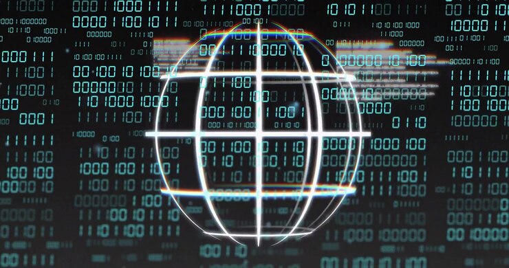 At start white wireframe globe rotating, HUD blocks drifting across binary grid showing data flow