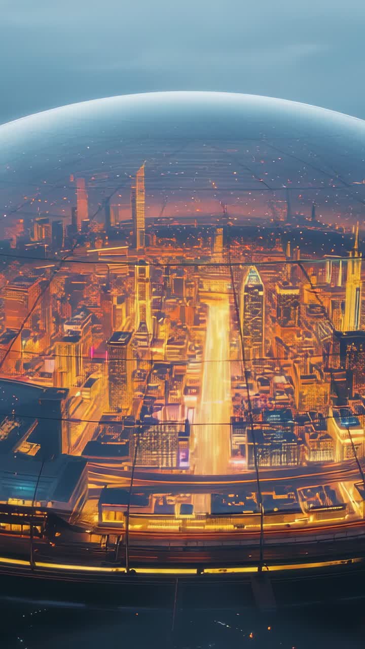 Vertical video: Lights starting over domed city from rim, revealing main boulevard and ring lights