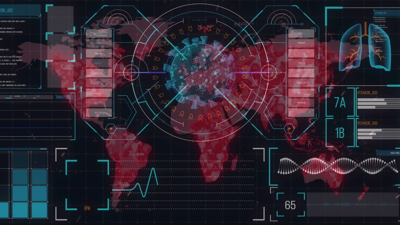 Digital animation of covid-19 cells spinning against digital interface with data processing