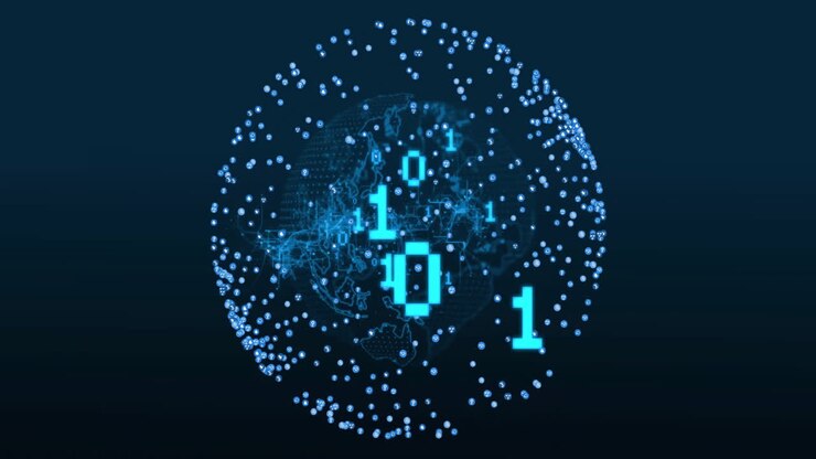 Animation of binary coding digital data processing over globe