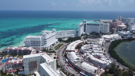 aerial view of cancun, famous resort by caribbean sea - panorama of yucatan peninsula from above, mexico, central america