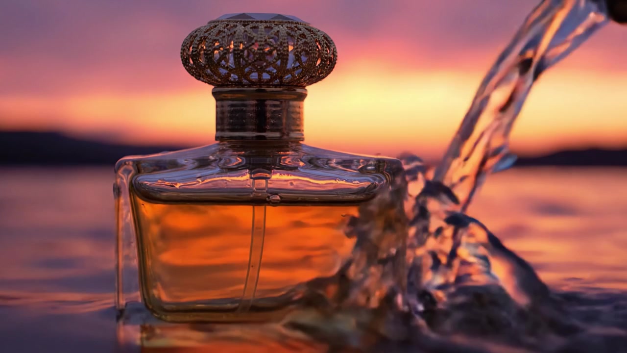 Un'accattivante bottiglia di profumo che riflette la bellezza di un tramonto su acque tranquille, mostrando eleganza e serenità nella palette della natura.