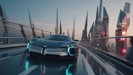 futuristic sports car on a modern bridge in a cyberpunk cityscape
