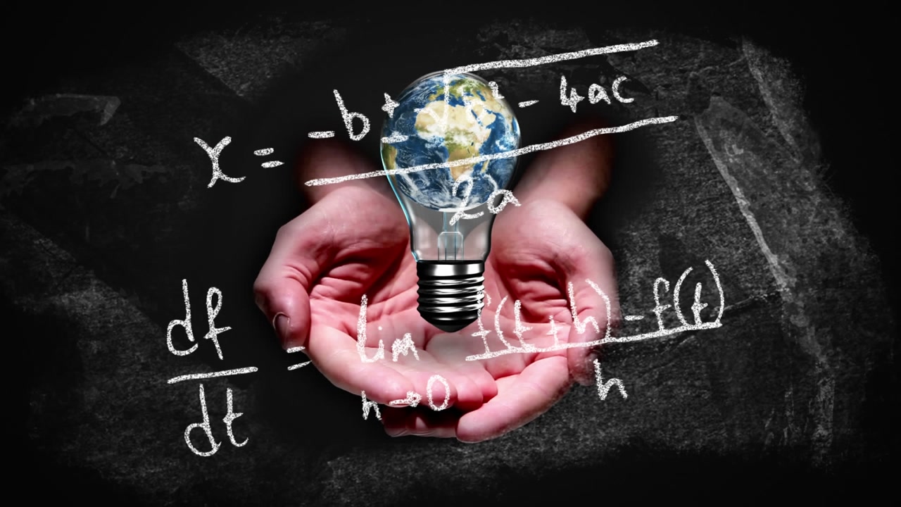 Animation of mathematical equations against globe spinning in electric bulb over cupped hands