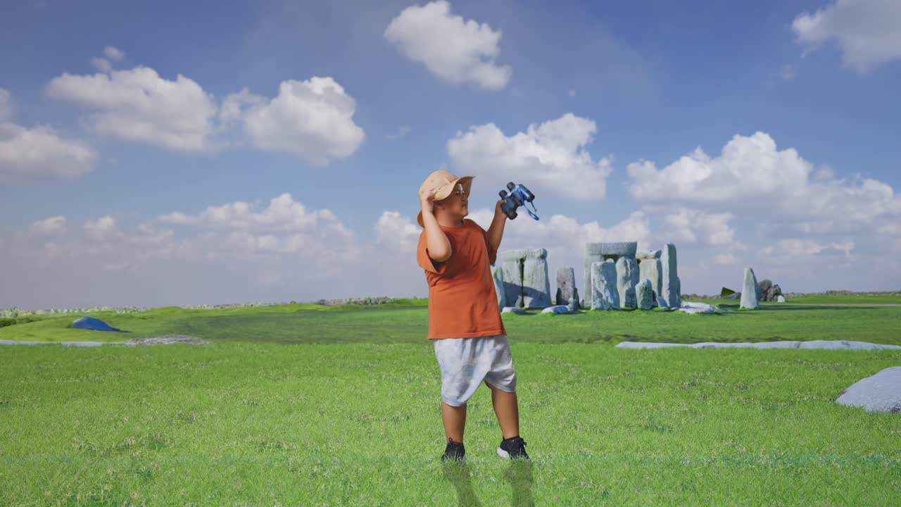 Asian Boy With A Hat Holding Binoculars And Dancing. Boy Researcher Examines Something While Traveling In Stonehenge, Travel Tourism Adventure Concept, Full Body