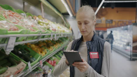 Woman using tablet in grocery store
