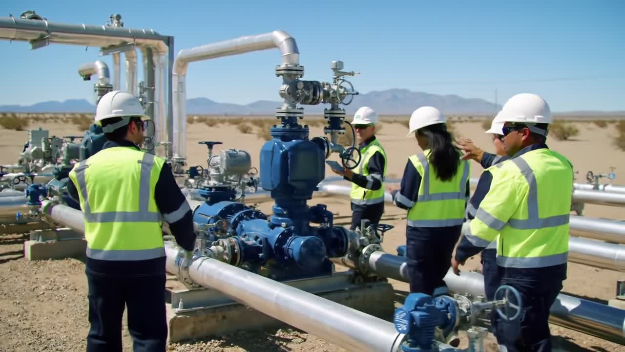 Team Conducts Inspection of Pipeline Equipment in Desert Location During Sunny Afternoon