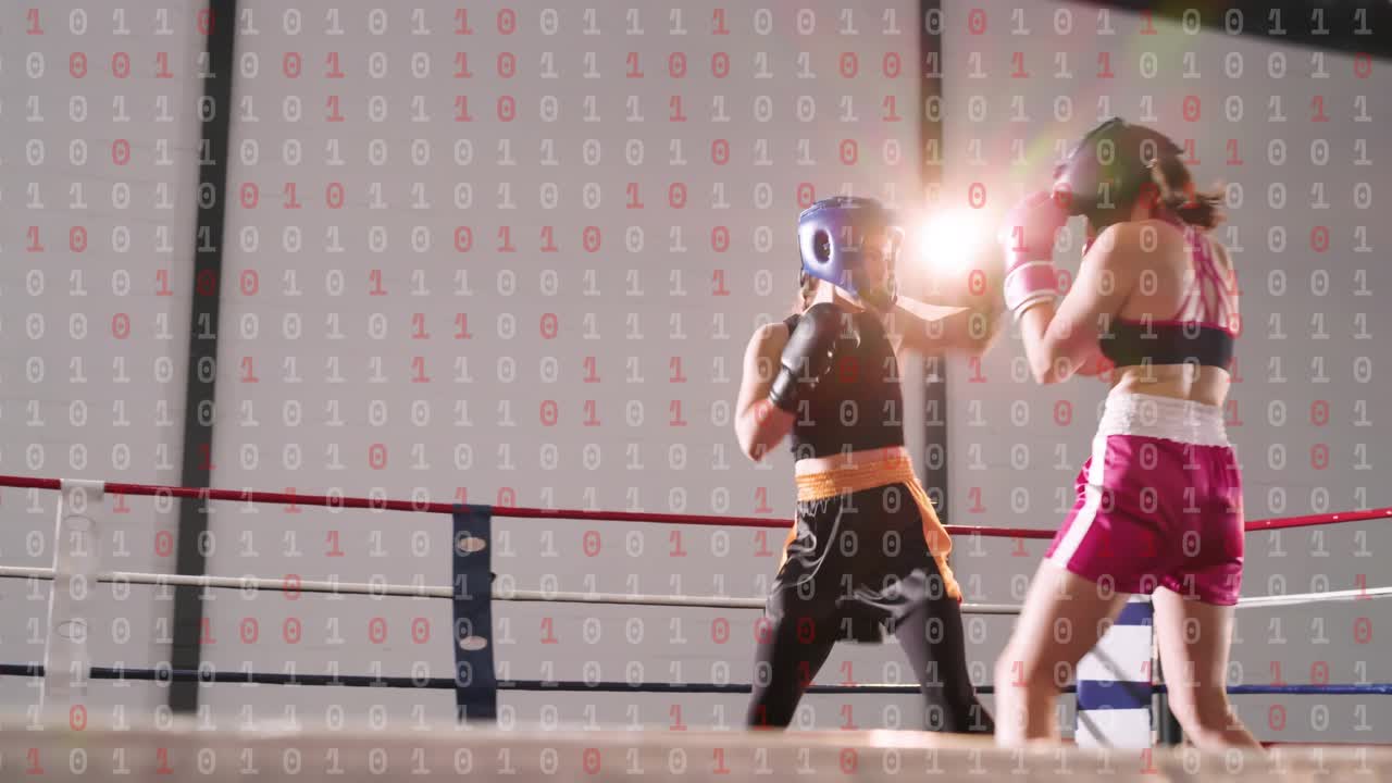 Female boxers sparring after opening jab, clinching then trading jabs in ring under lens flare