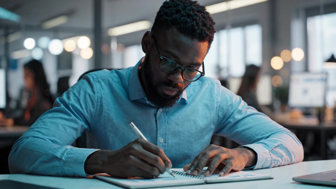 Focused Individual Writing Notes in a Modern Office Environment, Capturing the Essence of Concentration and Creativity in Daily Work Life