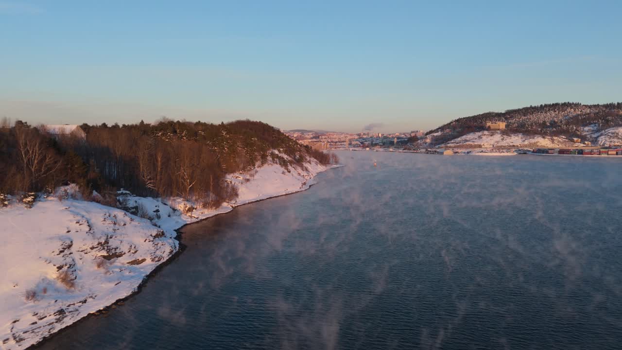 vuelo aéreo al lado de invierno cubierta de nieve isla con árboles al lado de la entrada de la vía fluvial con niebla flotando en noruega