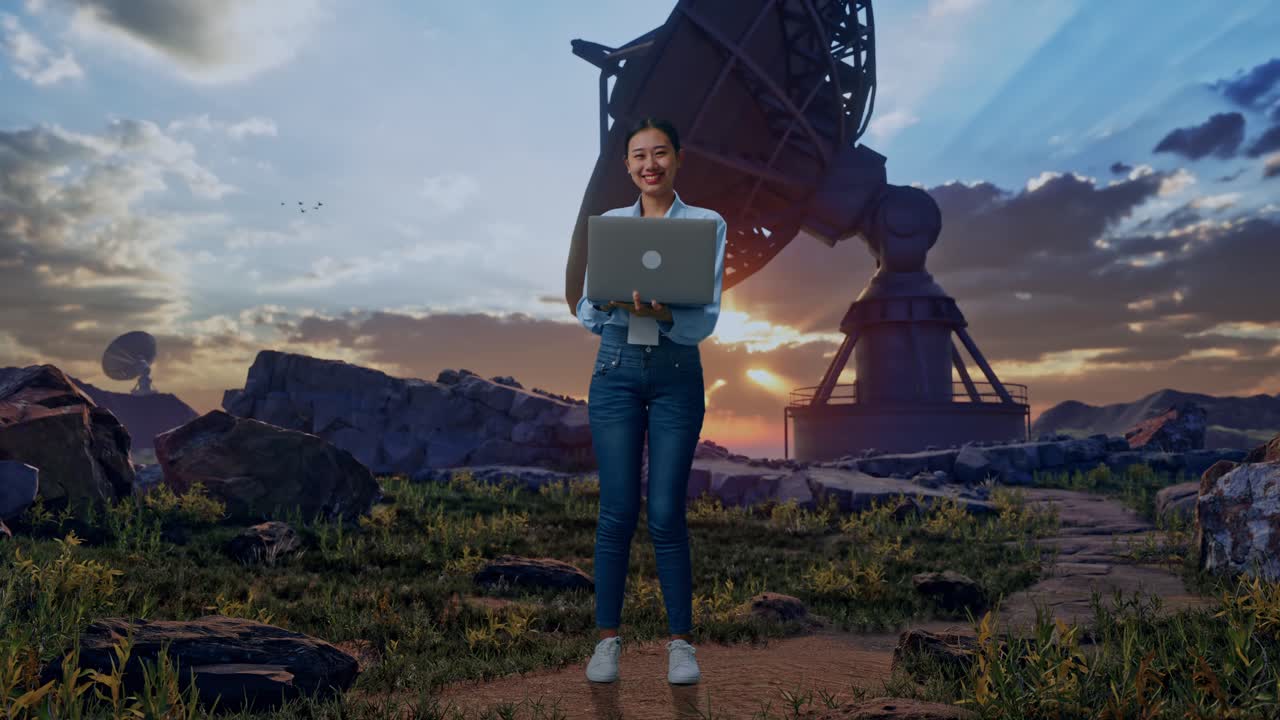 Full Body Of An Asian Female Professional Worker Standing With Her Laptop With Large Satellite Dish, She Is Looking At The Camera With A Smile