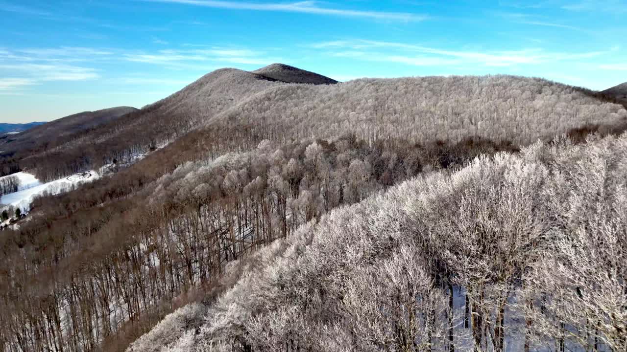블루 리지 산맥의 나무 꼭대기에 있는 림 아이스 (rime ice) 북캐롤라이나 주 부인 (boone, nc) 근처에서 찍은 사진