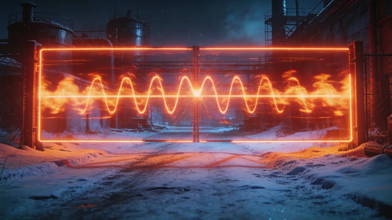 Powering up, pulsing energy barrier lighting factory alley night with snow, tracks, emitting embers