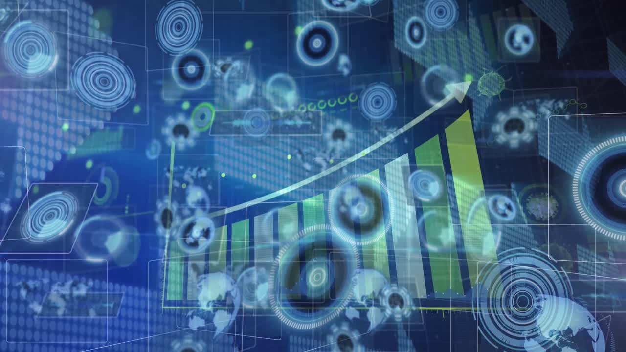 Animation of data processing over dark background